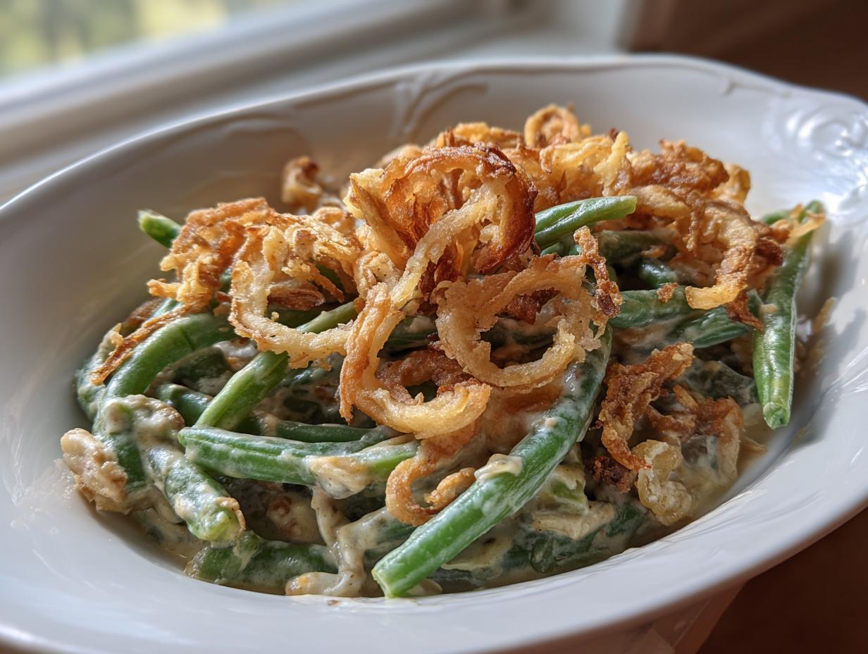 A close-up of creamy green bean casserole topped generously with crispy fried onions.