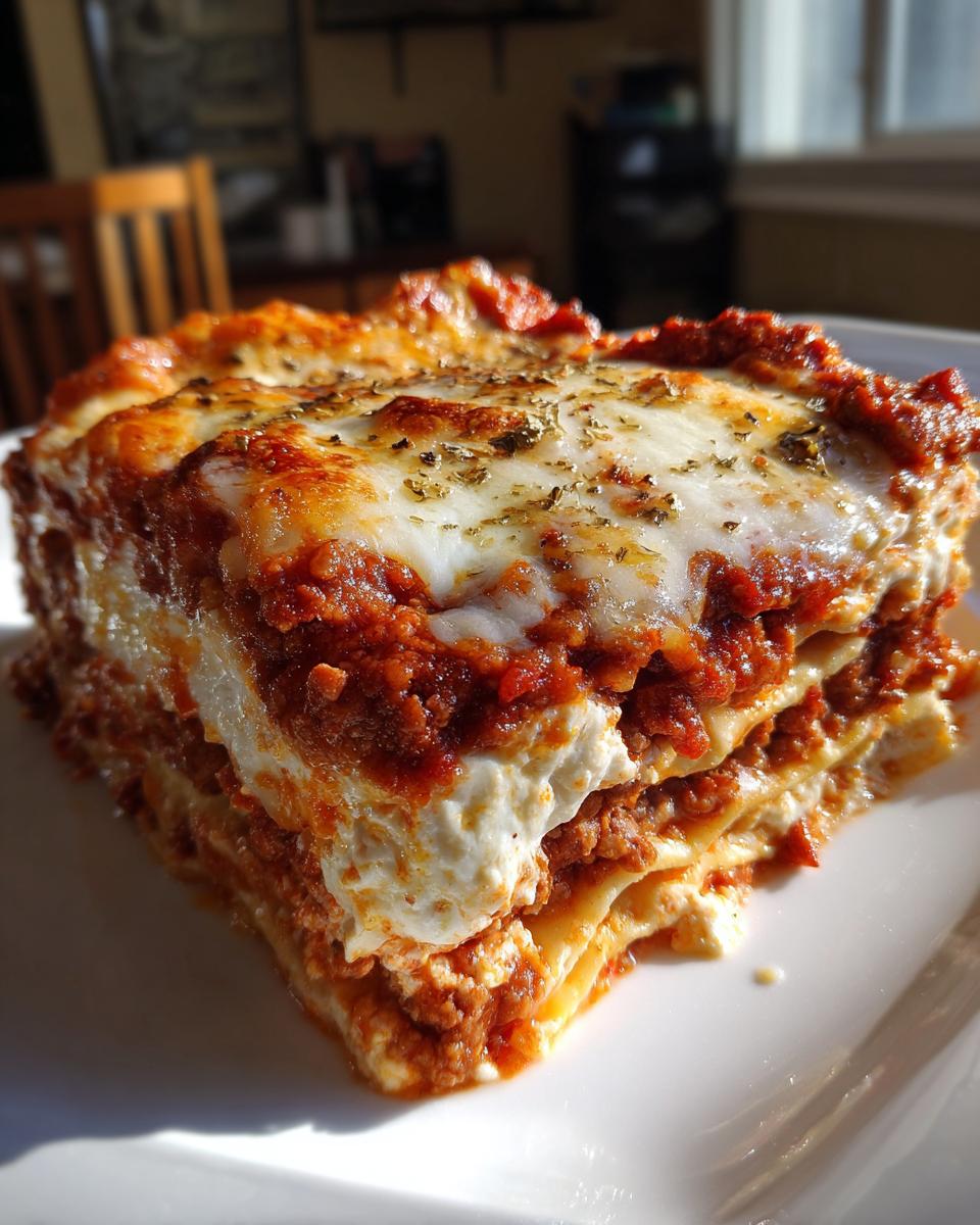 A thick, layered slice of homemade lasagna featuring rich meat sauce, creamy ricotta, and melted mozzarella cheese on top.