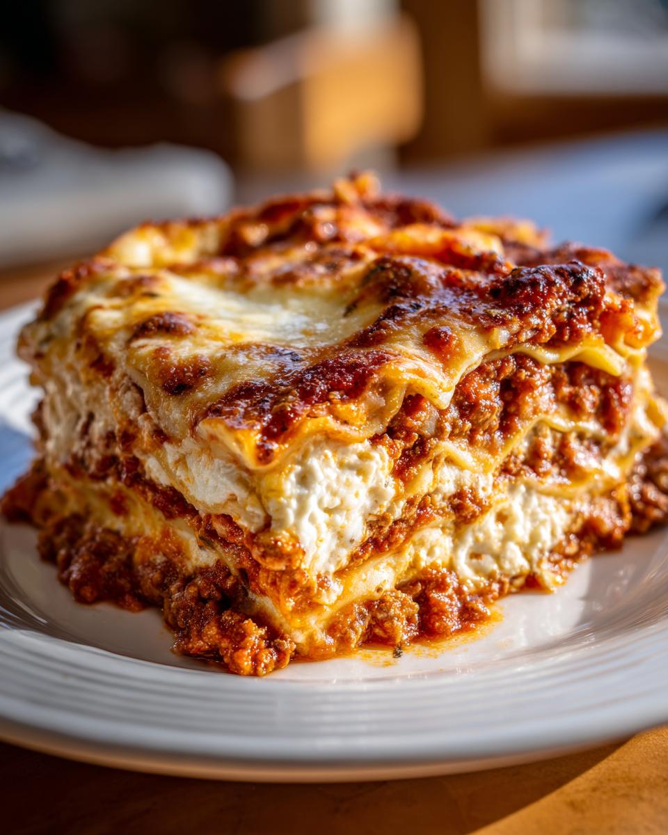 A close-up, appetizing slice of baked lasagna showing layers of rich meat sauce, white ricotta, and melted cheese topping.