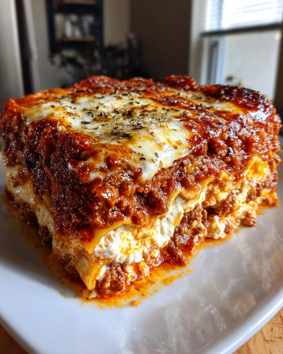A thick, juicy slice of amazing lasagna showing layers of meat sauce, ricotta cheese, and melted mozzarella topping.