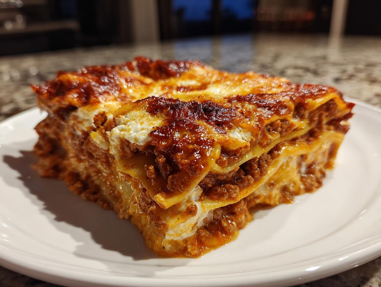 A thick, perfectly baked slice of lasagna showing layers of pasta, meat sauce, and cheese on a white plate.