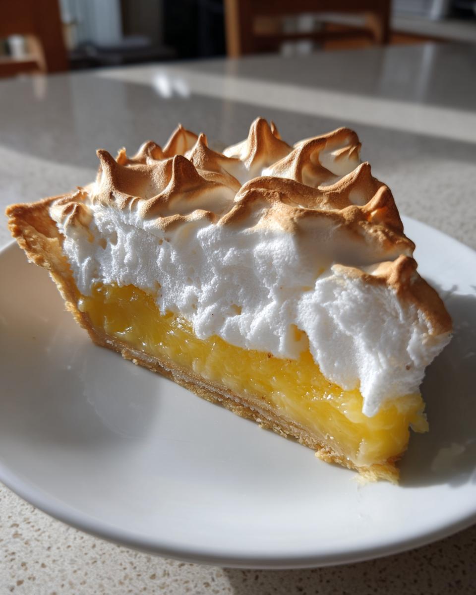A perfect slice of lemon meringue pie showing bright yellow curd and tall, toasted meringue peaks.