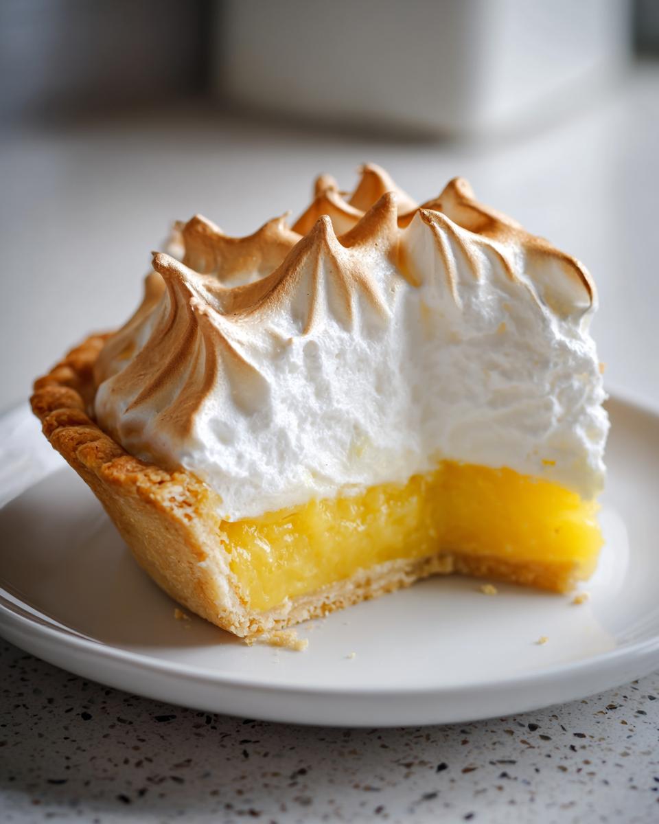 Close-up of a slice of lemon meringue tart showing the bright yellow curd, flaky crust, and perfectly peaked, torched meringue.