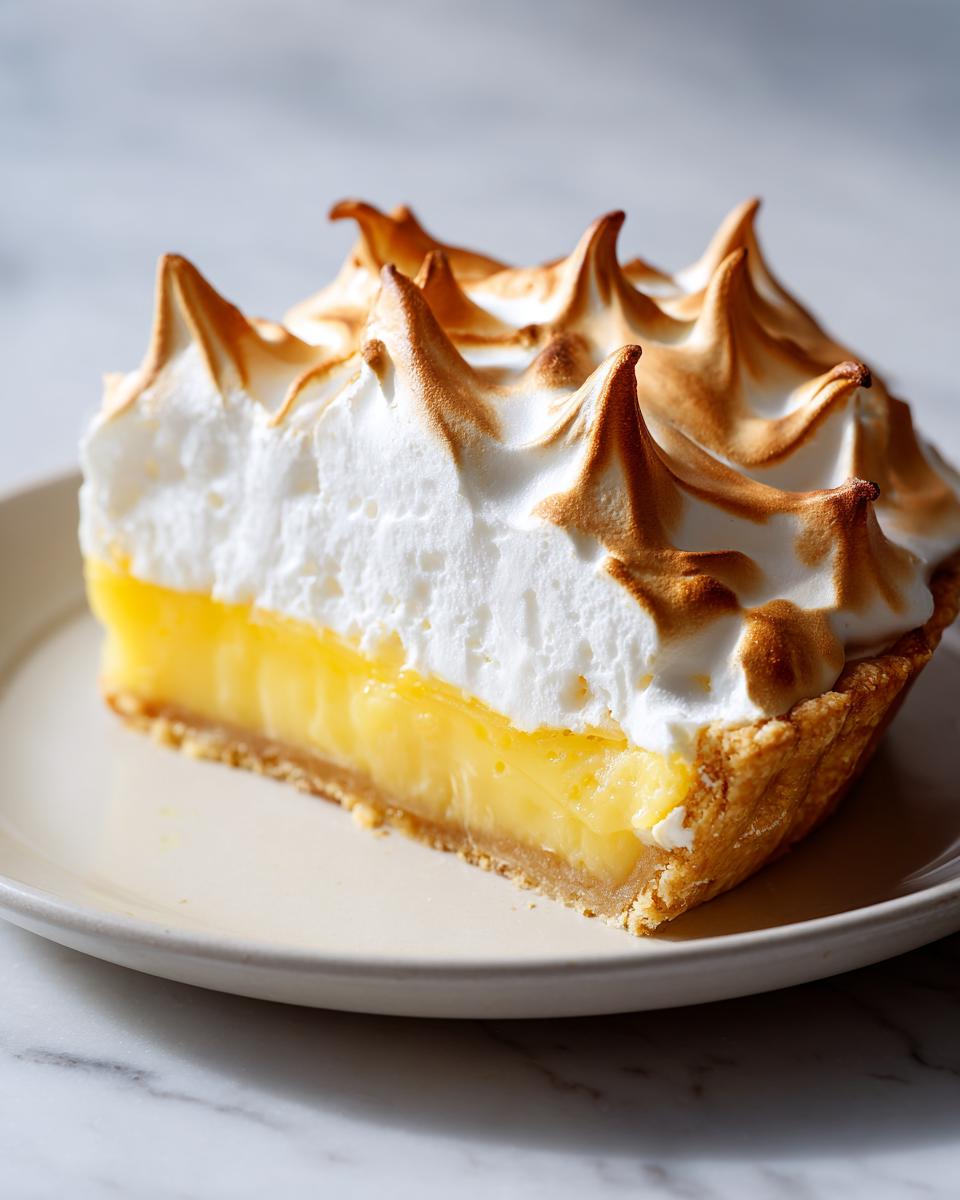 A perfect slice of lemon meringue pie showing bright yellow filling and tall, torched meringue peaks.