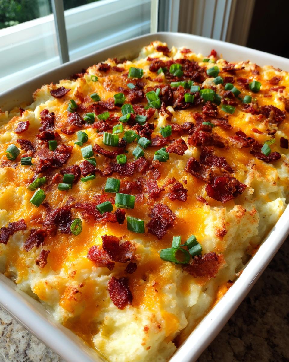 A close-up of a baked mashed potato casserole topped with melted cheddar cheese, crispy bacon bits, and fresh green onions.