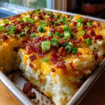 A close-up of a baked mashed potato casserole topped with melted cheddar cheese, crispy bacon bits, and fresh green onions.