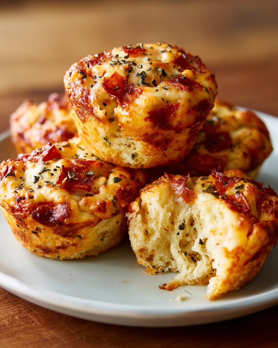 A stack of golden brown pizza muffins, one broken open to show the fluffy interior, topped with cheese and herbs.