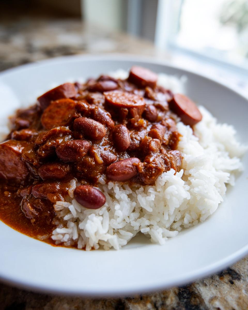 Close-up of a white plate serving delicious red beans and rice topped with slices of smoked sausage.