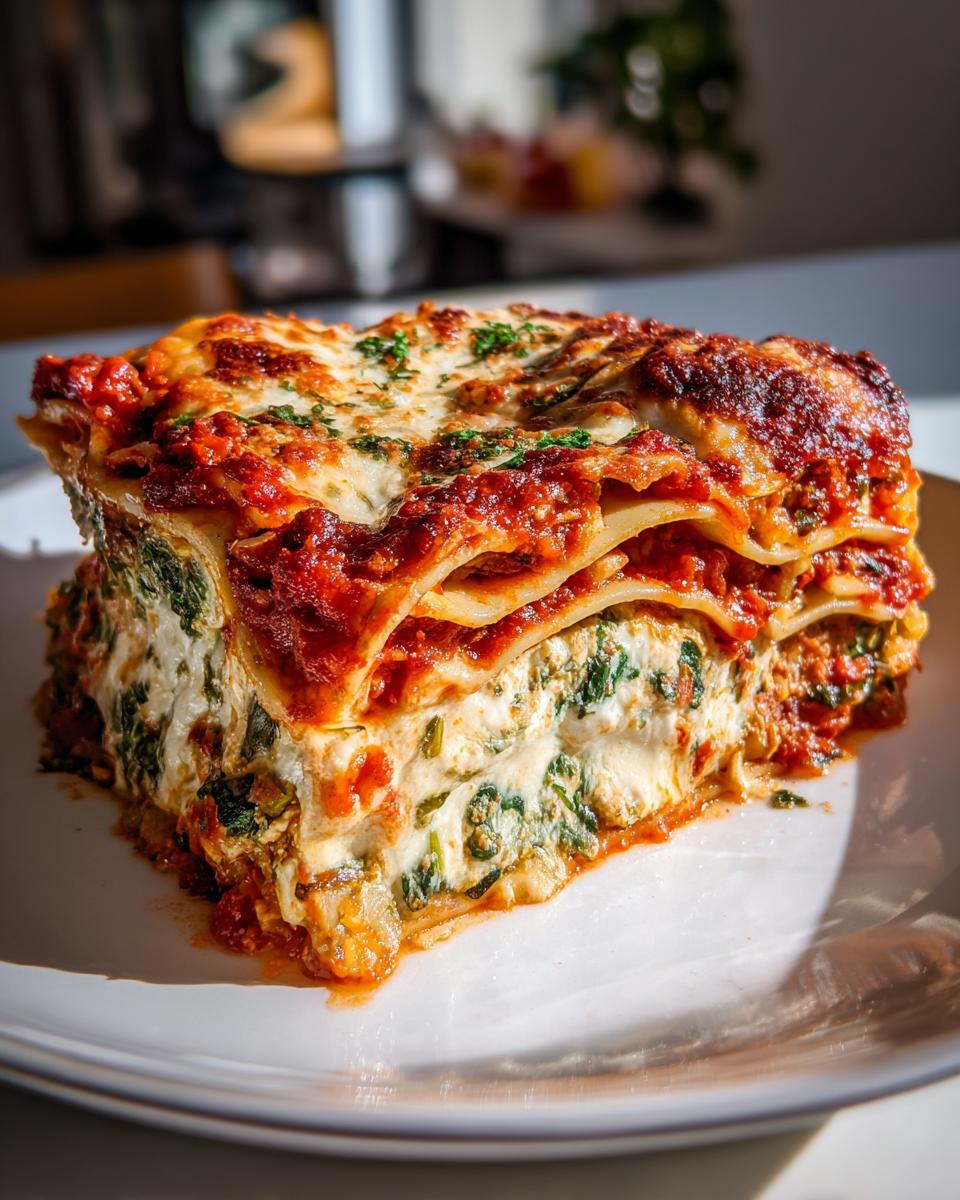 A thick, cheesy slice of roasted vegetable lasagna with layers of pasta, ricotta, spinach, and rich tomato sauce.