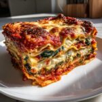 A thick, layered slice of amazing roasted vegetable lasagna with melted cheese and rich tomato sauce on a white plate.