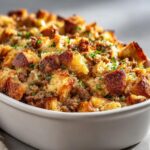 Close-up of baked sausage stuffing with crispy bread cubes and herbs in a white oval baking dish.
