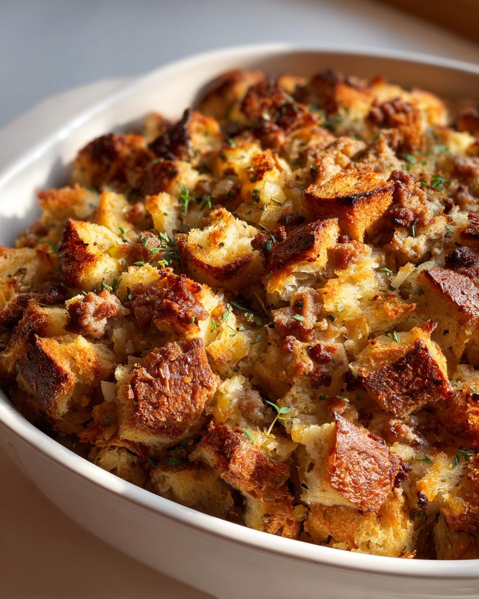Close-up of baked sausage stuffing with crispy bread cubes and herbs in a white casserole dish.
