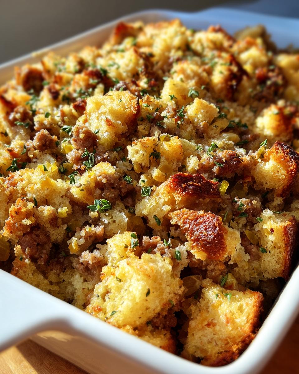 Close-up of baked sausage stuffing with golden bread cubes and fresh herbs in a white casserole dish.