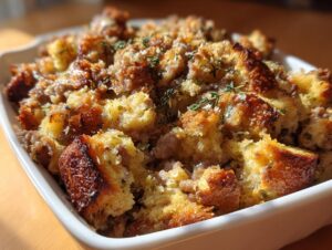 Close-up of baked sausage stuffing with crispy bread cubes and fresh thyme garnish.