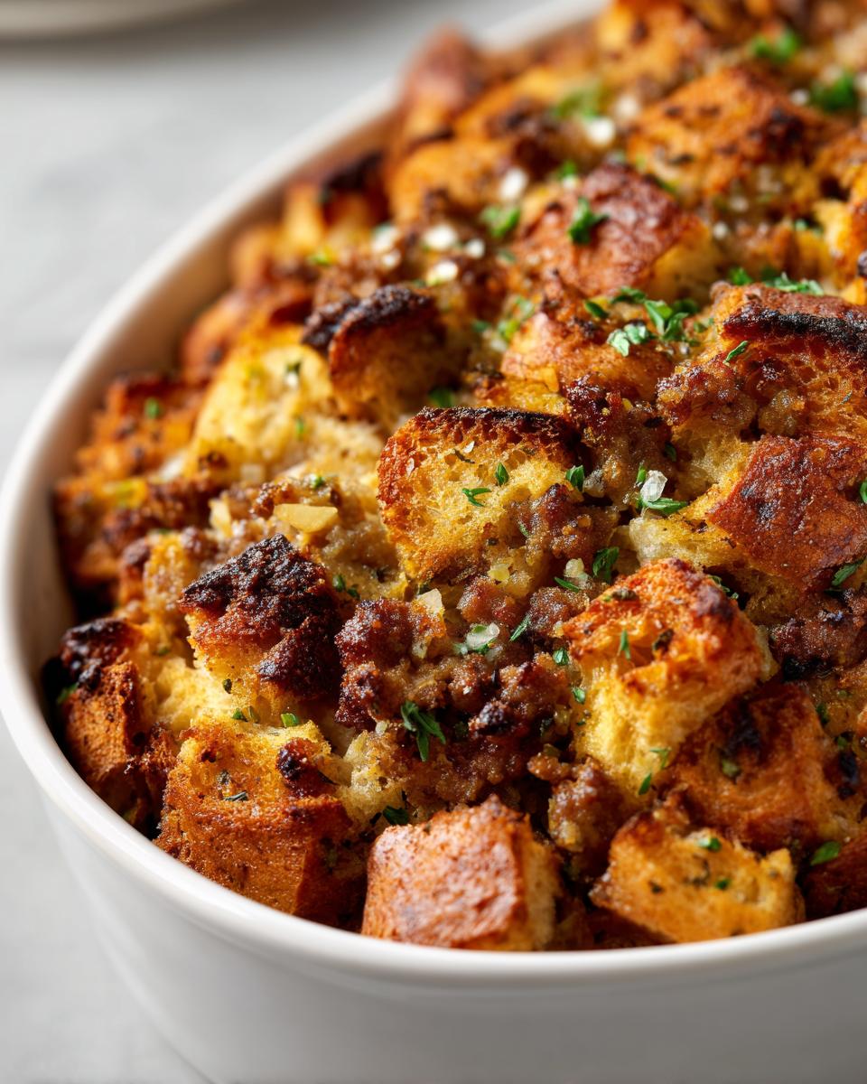 A close-up view of golden-brown, crispy sausage stuffing baked in a white casserole dish.
