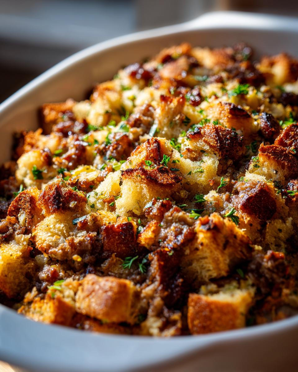 Close-up of baked sausage stuffing with crispy bread cubes and fresh parsley garnish.