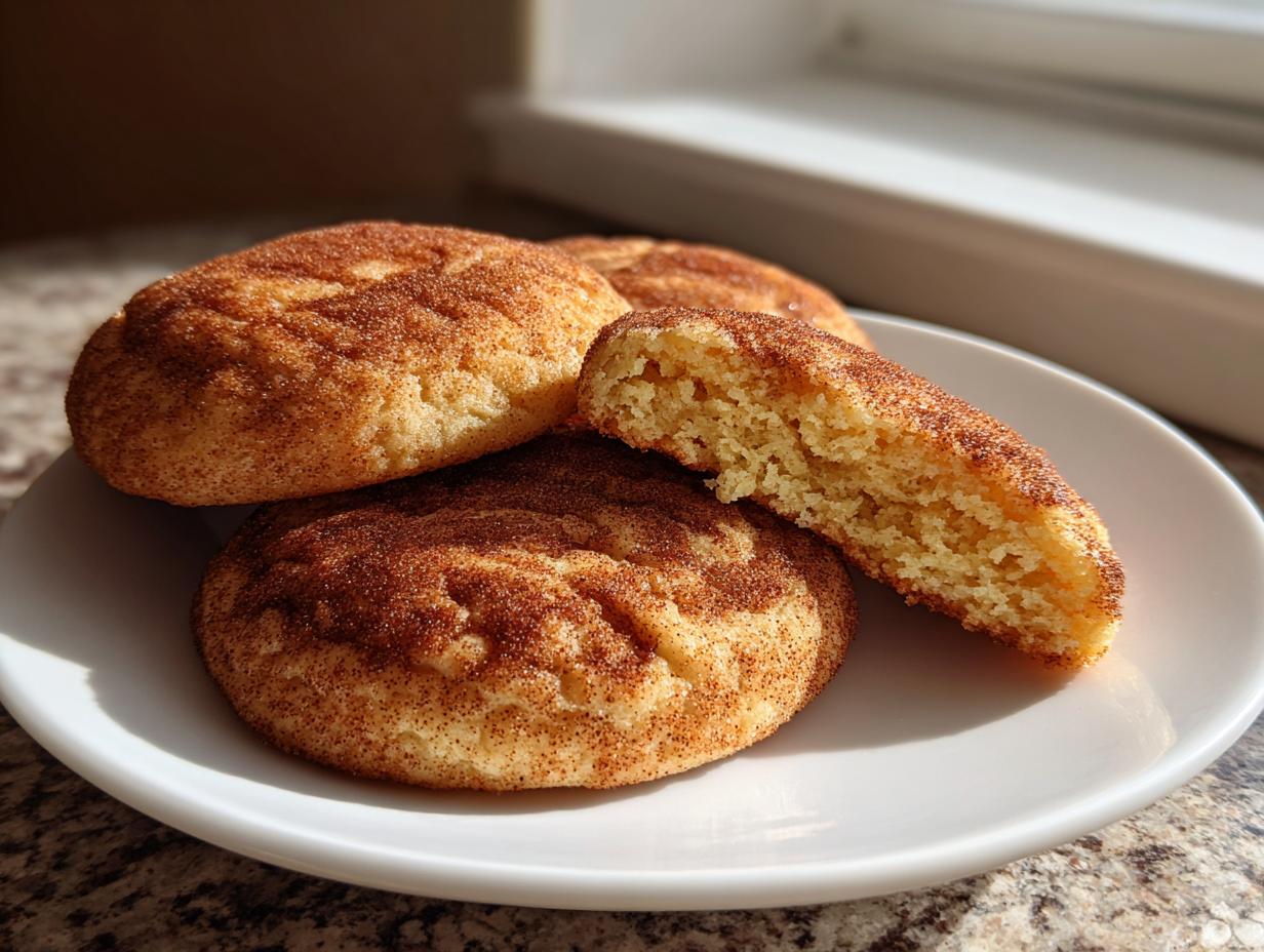 Three freshly baked Snickerdoodle cookies piled on a white plate, one broken open showing the soft interior.