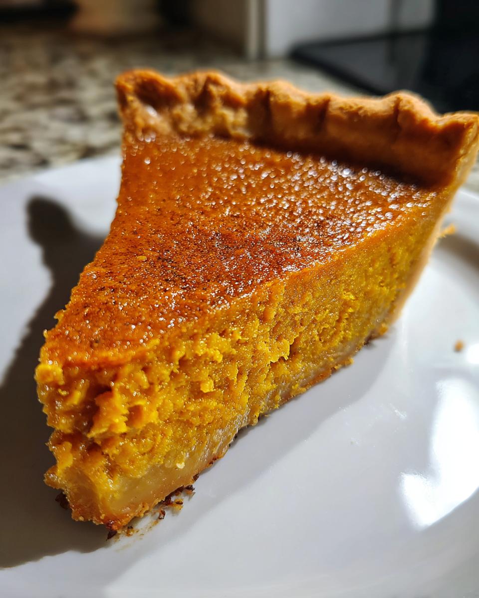 Close-up of a thick, rich slice of sweet potato pie with a golden crust and cinnamon dusting.