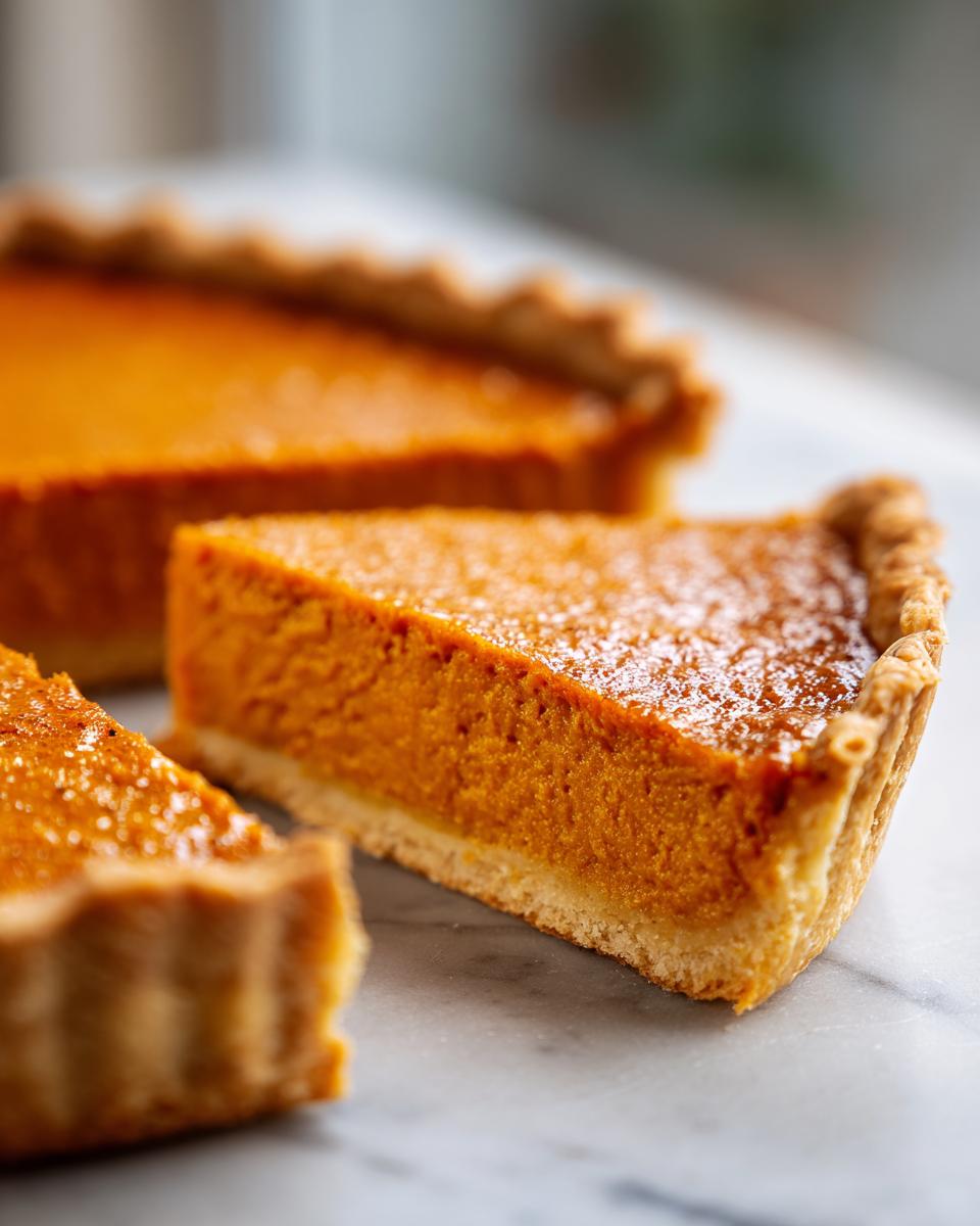 Close-up of a thick slice of vibrant orange sweet potato pie with a flaky crust, next to the rest of the sweet potato pie.