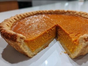 A close-up of an amazing sweet potato pie with a rich orange filling and flaky crust, showing one slice cut out.