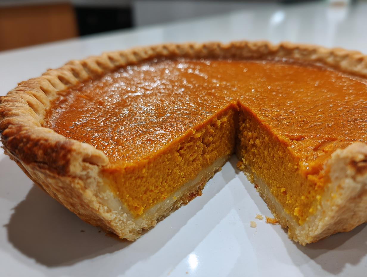 A close-up of an amazing sweet potato pie with a rich orange filling and flaky crust, showing one slice cut out.
