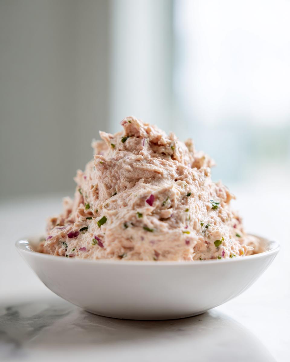 A generous mound of creamy, pink tuna dip mixed with visible red onion and herbs, served in a white bowl.