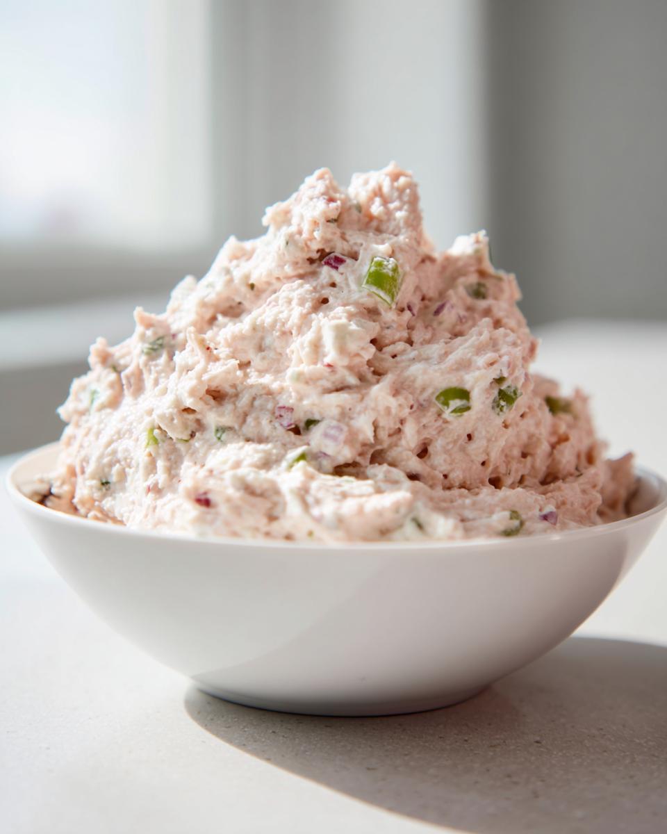 A heaping mound of creamy, pink tuna dip mixed with visible green celery and red onion pieces, served in a white bowl.