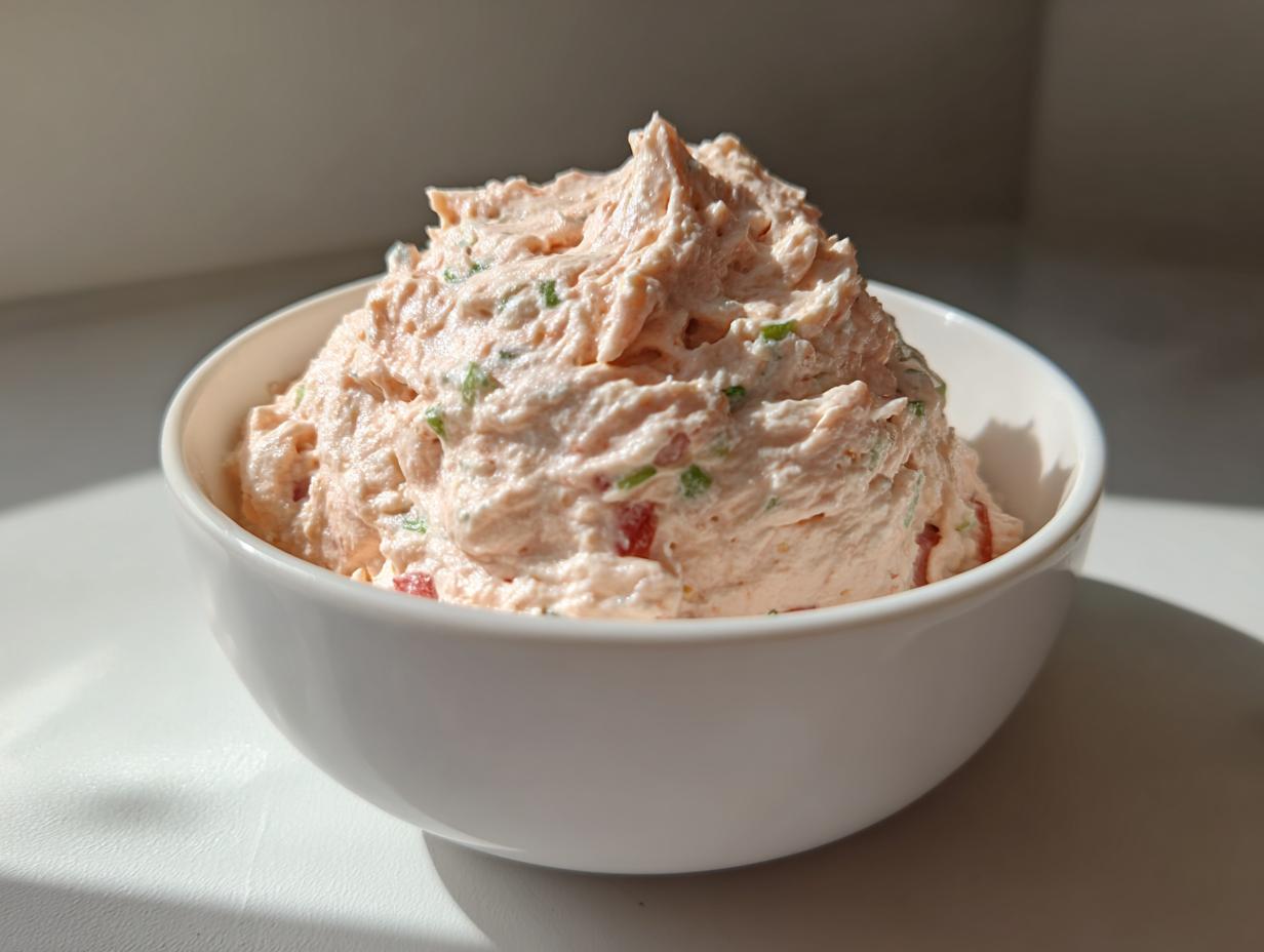 A creamy, pinkish tuna dip with visible green herbs and red flecks, served mounded in a white bowl.