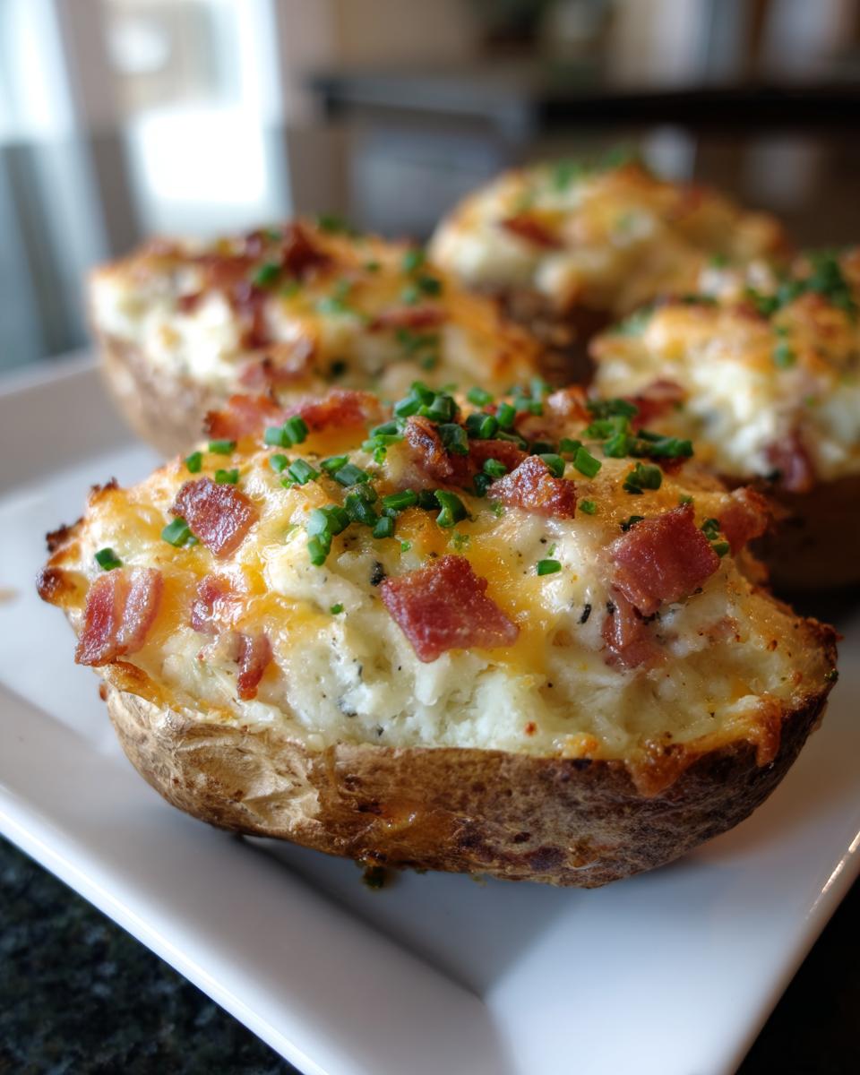 A close-up of one of the amazing twice-baked potatoes, topped with melted cheese, bacon bits, and chives.