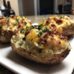 Three servings of amazing twice-baked potatoes stuffed with mashed potato filling, topped with melted cheddar, bacon bits, and chives.