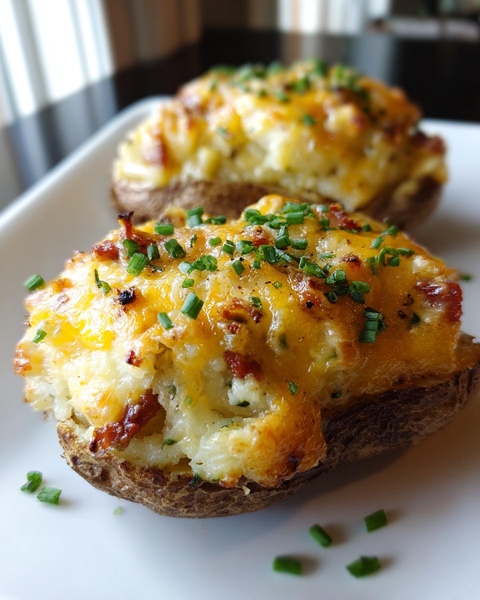 Two amazing twice-baked potatoes stuffed with creamy filling, melted cheddar cheese, and topped with fresh chives.