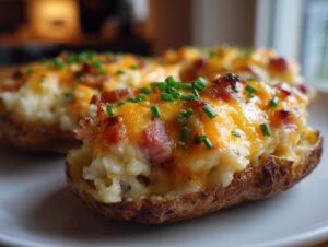 Close-up of a perfectly baked twice-baked potatoes stuffed with creamy filling, melted cheddar cheese, bacon bits, and fresh chives.