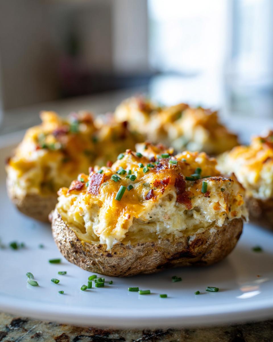 Close-up of a perfectly stuffed Twice-baked potatoes topped with melted cheese, bacon bits, and fresh chives.
