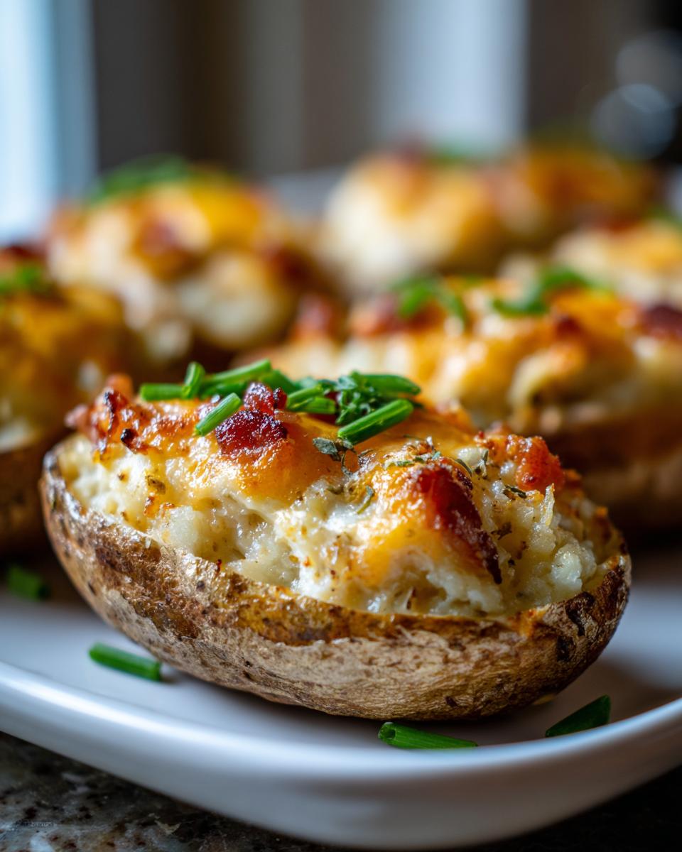 Close-up of a perfectly golden Twice-baked potatoes half, stuffed with creamy filling, melted cheese, bacon, and topped with fresh green chives.