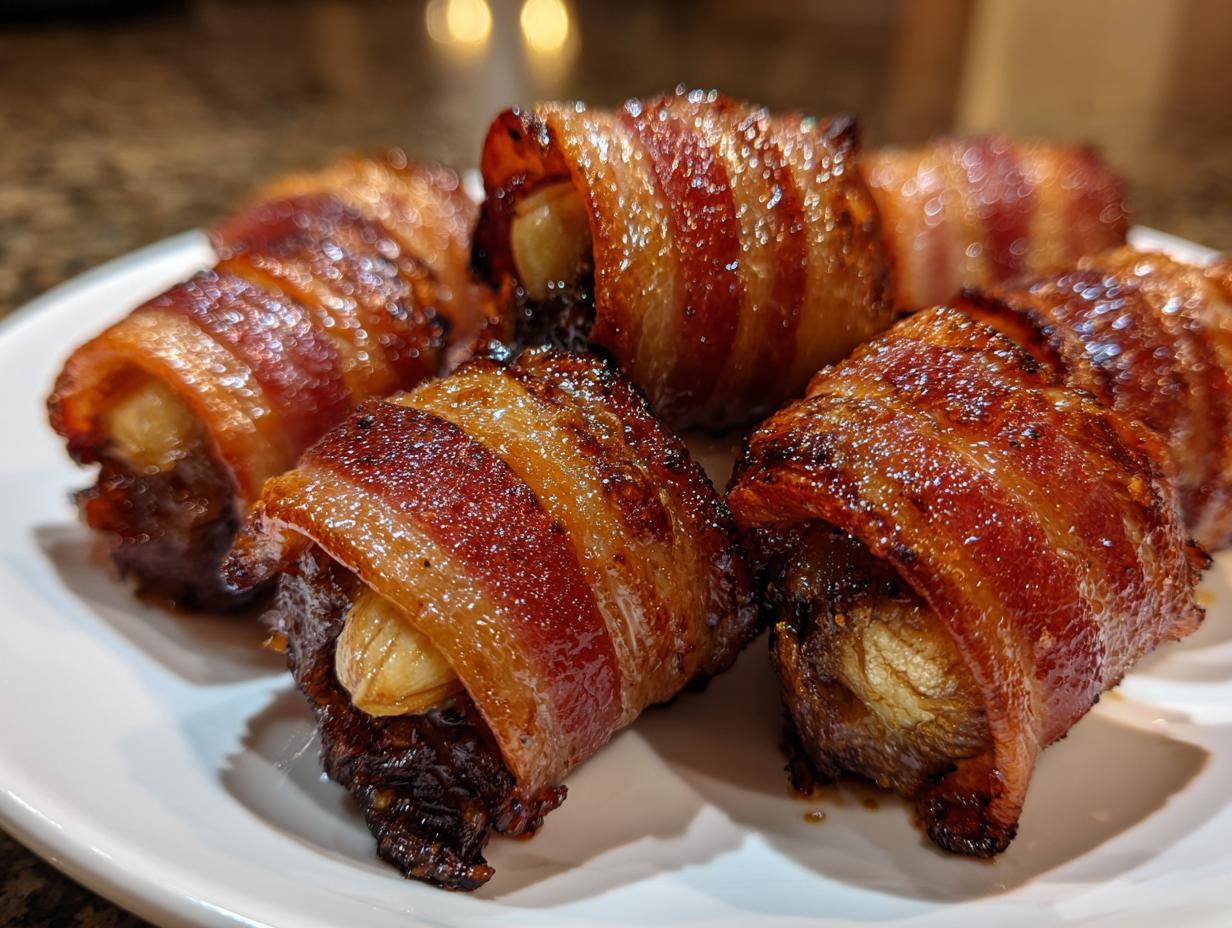 Five perfectly cooked, glossy bacon-wrapped dates piled on a white plate, ready to serve.