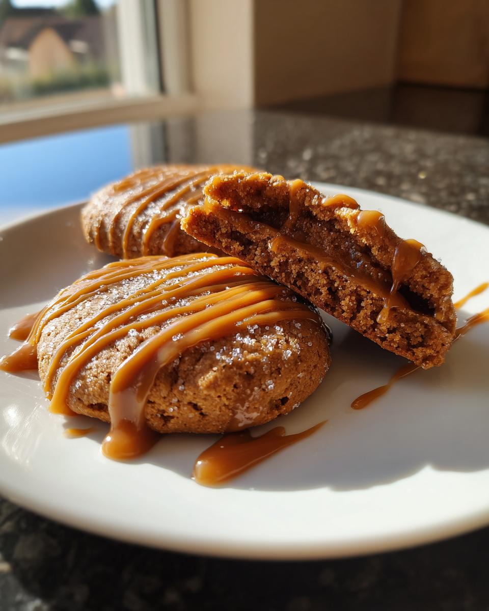 Close-up of soft apple pie cookies drizzled with caramel sauce, one cookie broken open showing the filling.