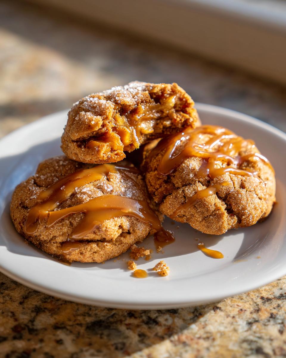 Three soft, spiced apple pie cookies, drizzled with caramel sauce, one broken open to show the filling.