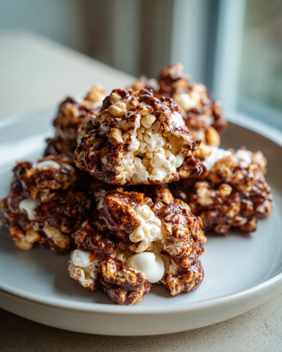A stack of homemade avalanche cookies made with popcorn, chocolate, and white chocolate chips.