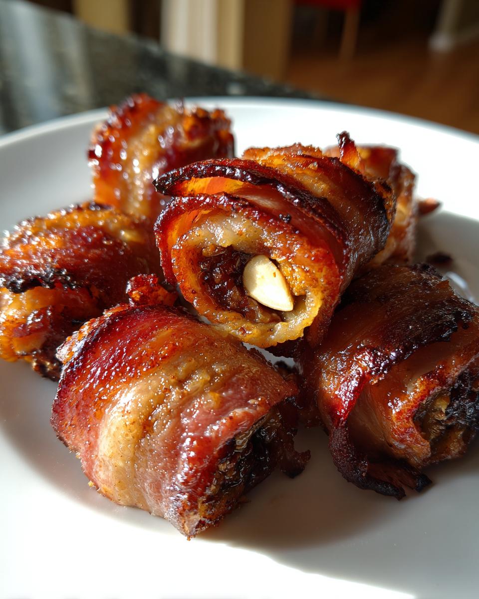 A close-up of several glossy, caramelized bacon-wrapped dates piled on a white plate, one showing an almond inside.