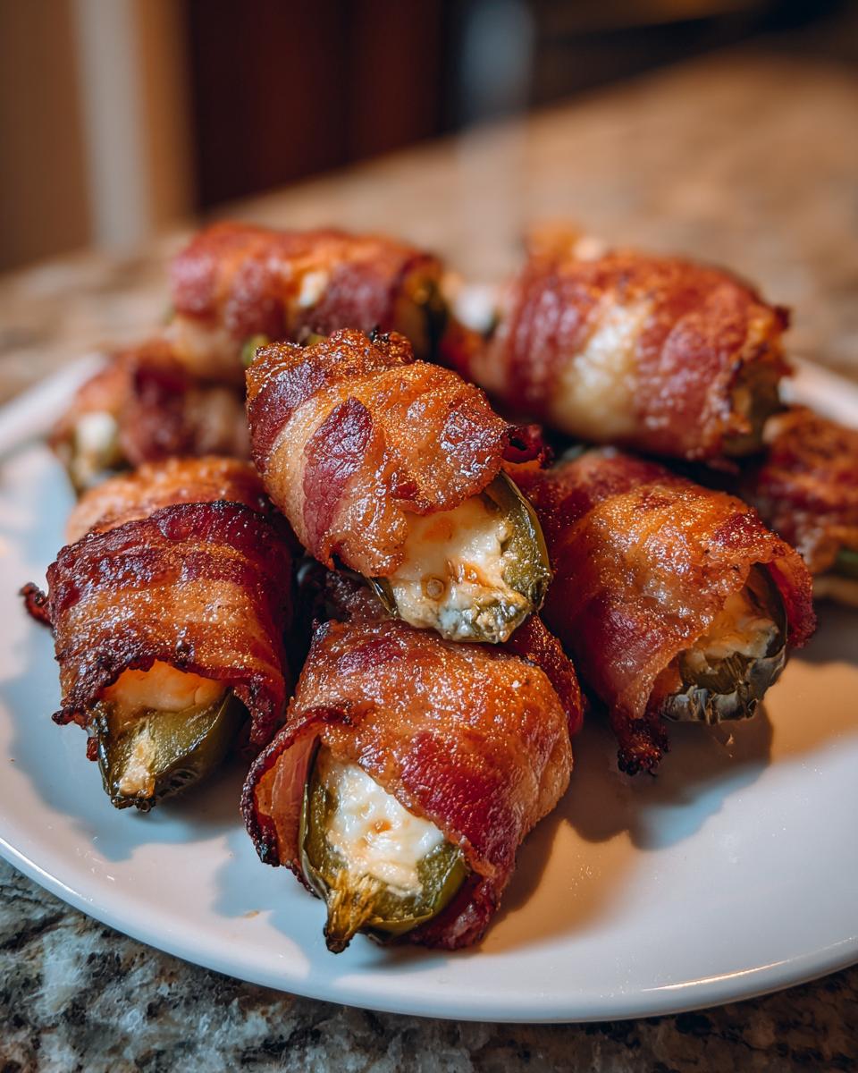 A pile of freshly cooked Bacon-Wrapped Jalapeño Poppers with melted cream cheese filling, served on a white plate.