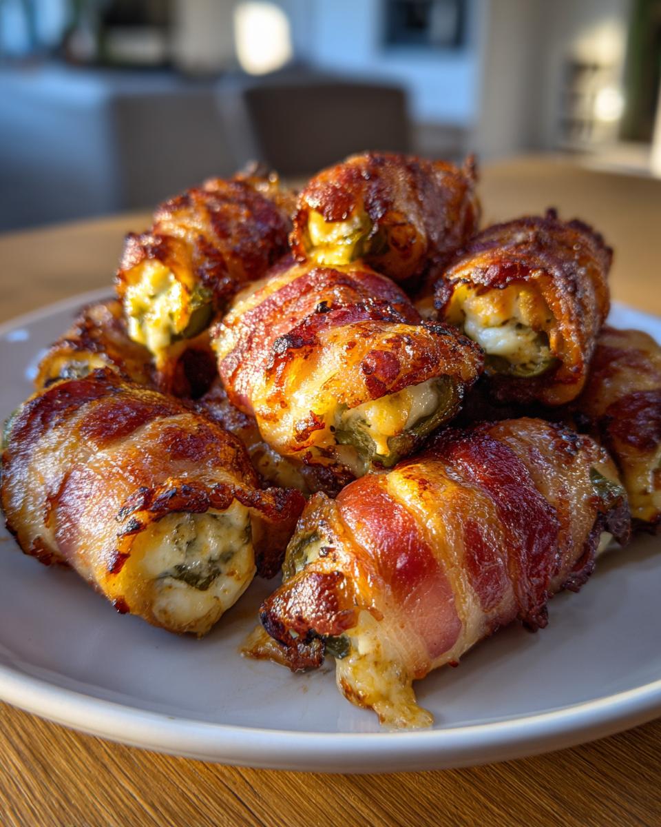 A pile of freshly baked, crispy Bacon-Wrapped Jalapeño Poppers stuffed with creamy cheese filling.