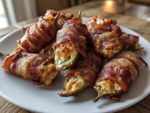 A close-up of several golden-brown Bacon-Wrapped Jalapeño Poppers piled on a white plate.
