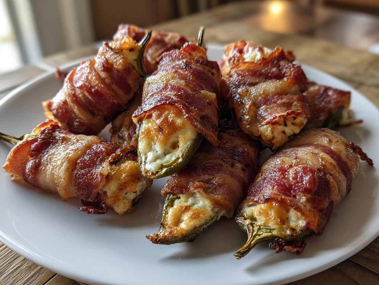A close-up of several golden-brown Bacon-Wrapped Jalapeño Poppers piled on a white plate.