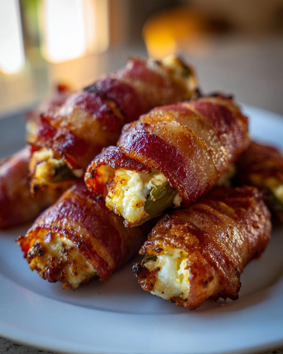 Close-up of crispy, golden-brown Bacon-Wrapped Jalapeño Poppers piled on a white plate.