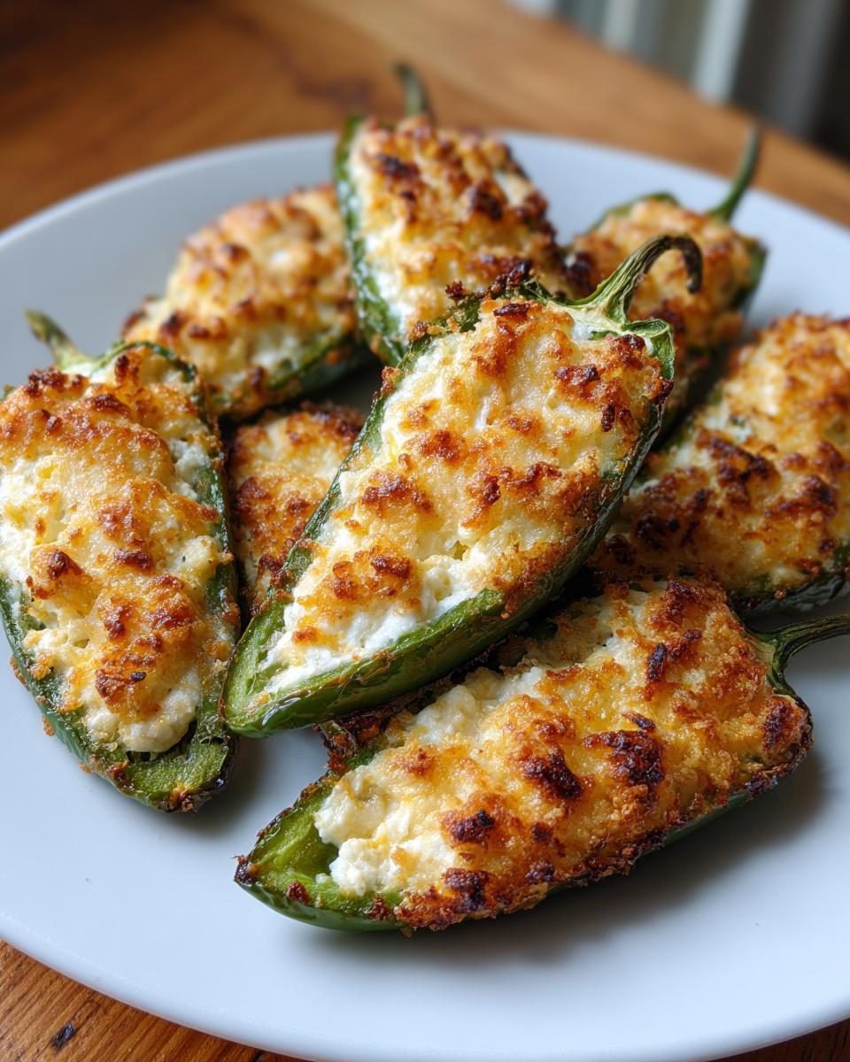 A close-up of several baked Jalapeño poppers filled with cheese and topped with a golden-brown crust.