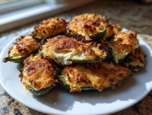 A white plate piled high with baked jalapeño poppers featuring a creamy filling and a crispy, golden-brown cheese topping.