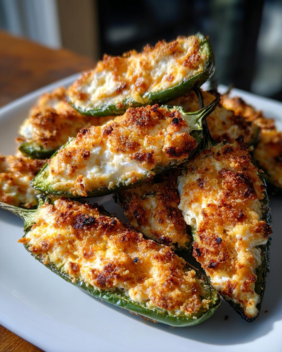 A pile of freshly baked jalapeño poppers stuffed with creamy filling and topped with golden, crispy breadcrumbs.