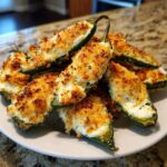 A pile of freshly baked jalapeño poppers stuffed with creamy cheese and topped with golden breadcrumbs on a white plate.