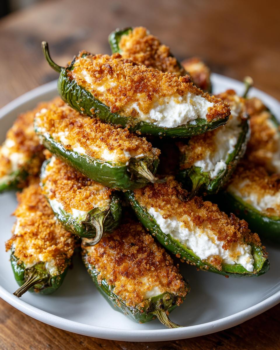 A close-up stack of baked Jalapeño poppers filled with cream cheese and topped with golden breadcrumbs.