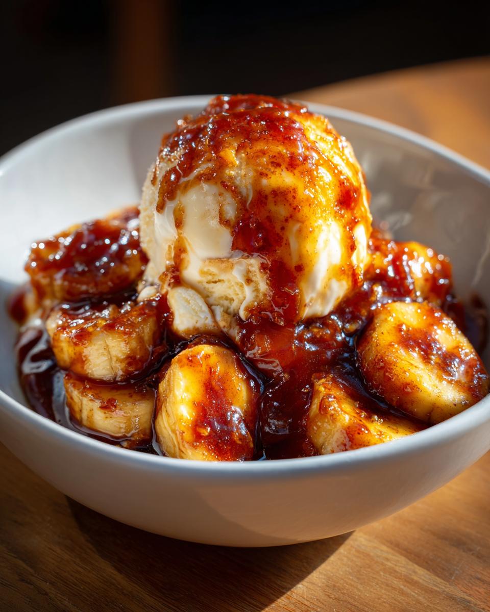 A scoop of vanilla ice cream topped with rich caramel sauce and caramelized bananas in a white bowl, classic Bananas Foster.